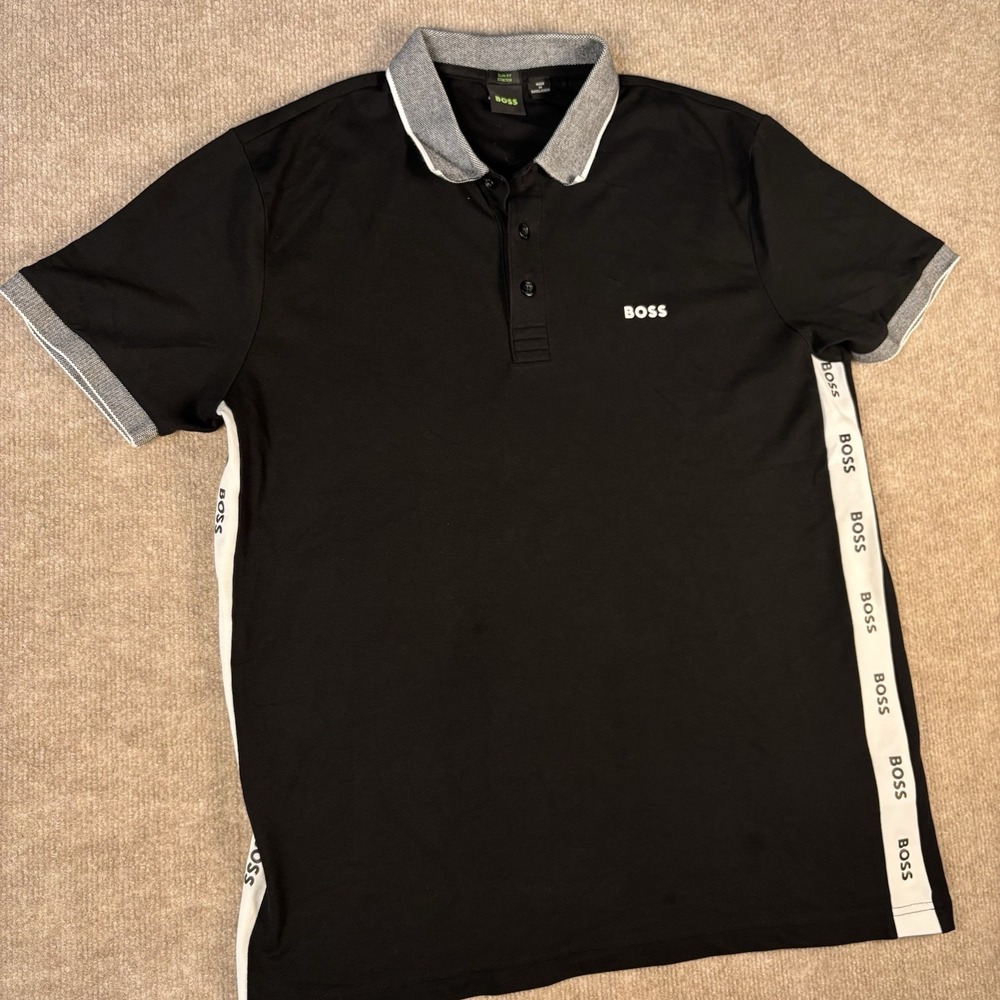 BOSS Hugo Boss Polo Shirt Men's Large Black Slim Fit Stretch Logo Short Sleeve
